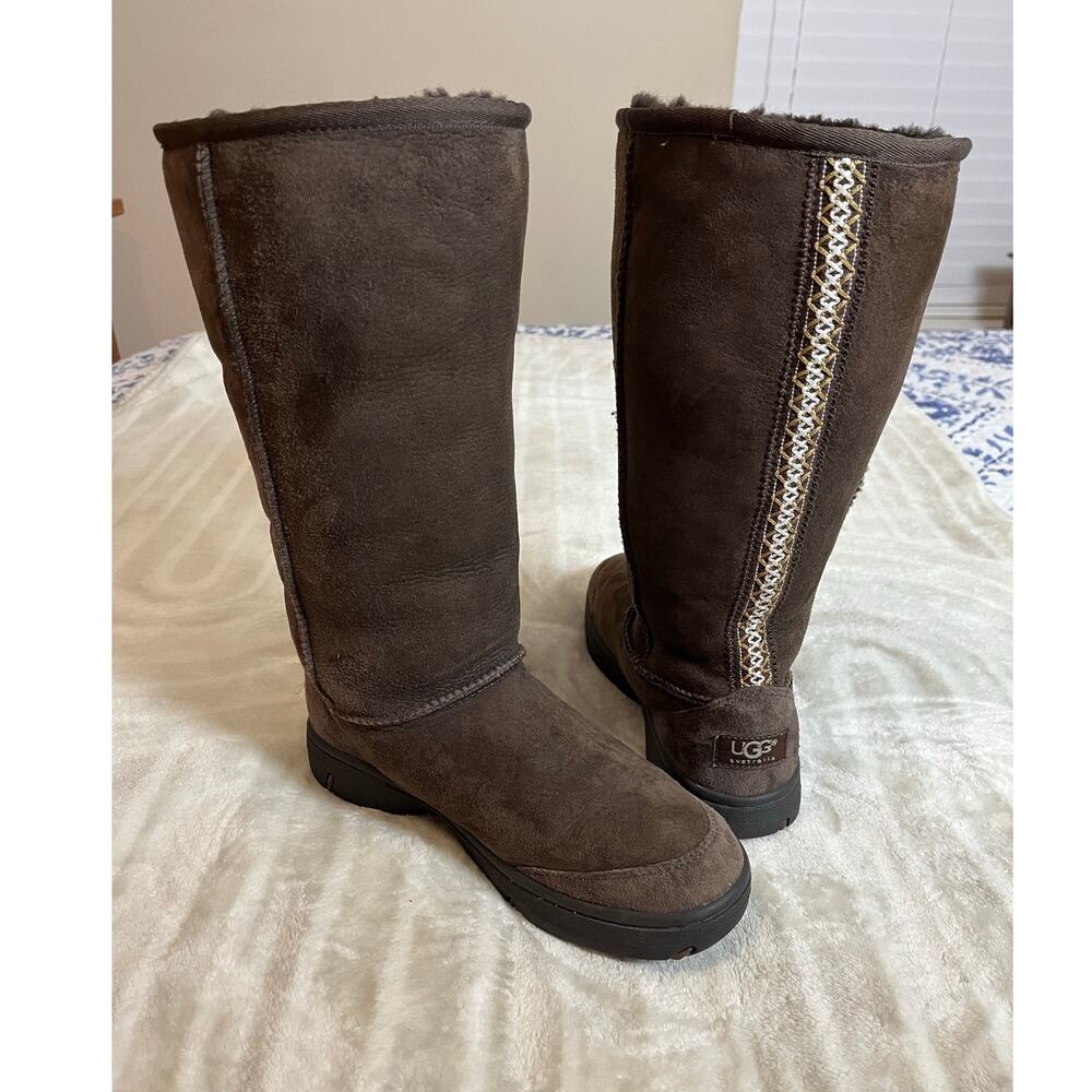 UGG | Women's Size W7 Ultimate Tall Braid Boots Chocolate Brown Suede
